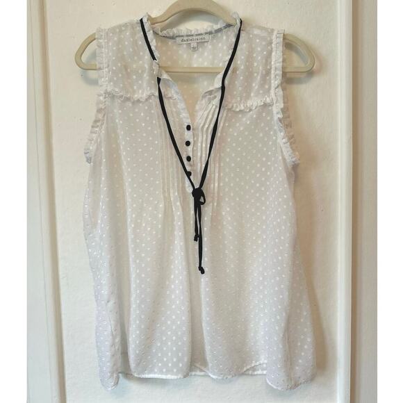 Daniel Rainn White Swiss Dot Blouse Size L Sleeveless Ruffle Trim Top with Tie - Picture 1 of 3